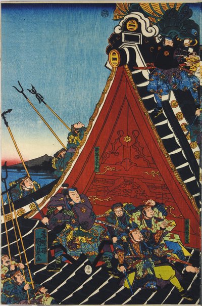 Ark från en triptyk med färgträblock, med titeln H?ryukaku sh? no zu som visar en scen från Hakkenden i Takizawa Bakin som visar ett slagsmål på tempeltaket mellan Inuzuka Shino av Utagawa Kuniyoshi