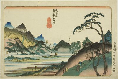 Shono, Kameyama, Seki, Sakanoshita och Tsuchiyama, från serien "Famous Places on the Fifty-three Stations of the Tokaido, Five Stations (Tokaido gojusan eki goshuku meisho)" av Utagawa Kuniyoshi
