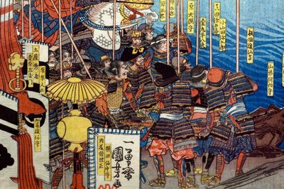 Takeda Shingen krossar Suwa Yorishiges krafter (Takeda Shingen Suwa Yorishige no jinchū o uchi-kuzusu zu), ca 1850-51 av Utagawa Kuniyoshi