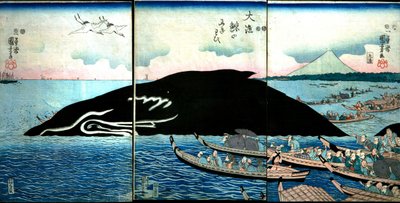 Myller av människor runt en fångade val av Utagawa Kuniyoshi