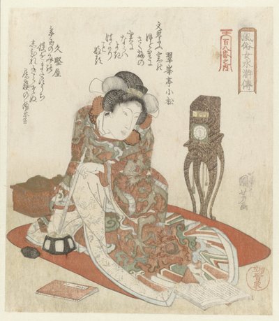 Kvinna med klocka Elegant Women as the Heroes of the Suikoden - från en serie av Hundra och åtta (serietitel) Fûzoku onna Suikoden - Hyakuhachiban no uchi (serietitel på objekt) av Utagawa Kuniyoshi