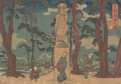 Wayfarers tittar på statyn av Jizo Bosatsu i en talllund vid Hashiba, ca. 1840., av Utagawa Kuniyoshi