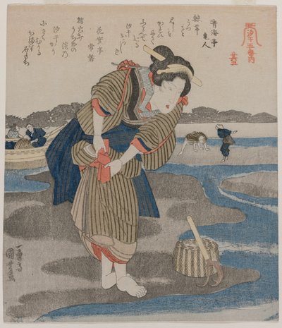 Kvinna som fäster hennes kjolar; från serien Fem bilder av lågvatten av Utagawa Kuniyoshi