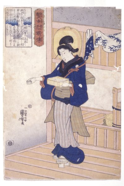 Kvinna med låda med frön (träblock i färg) av Utagawa Kuniyoshi