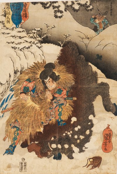 Träblockstryck - Chinzei Hachiro Tametomo störtar ett vildsvin i de snöiga bergen i Mashik av Utagawa Kuniyoshi