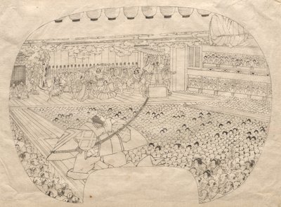 Design för solfjäderformat tryck från Kabuki Theatre av Utagawa Sadahide