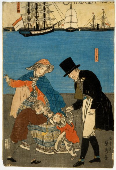 Européer tar en promenad i Yokohama, pub. 1871 (handfärgat träblock) av Utagawa Sadahide