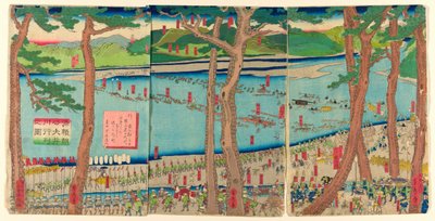 P Roterande ljud av Minamoto no Yoritomo a c Ross tee Rive r av Utagawa Sadahide