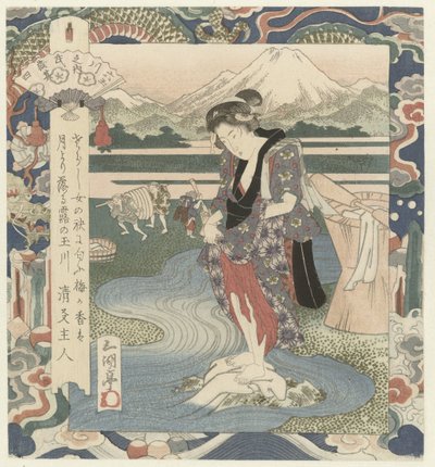 Kvinna tvättar kläder i floden Chôbû-floden i Musashi, nummer fyra Musashi - sono yon (titel på objekt) The Six Jewel Rivers (serietitel) Mutamagawa no uchi (serietitel på objekt) av Utagawa Sadakage