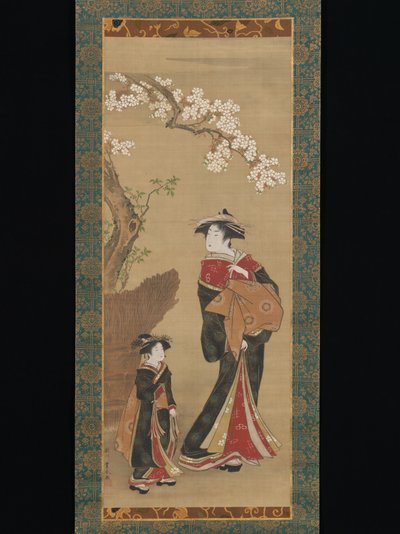 Kurtisan och hennes följeslagare under ett körsbärsträd av Utagawa Toyoharu