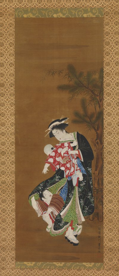 Mor och barn vid det nya året (bläck och färg på siden) av Utagawa Toyoharu