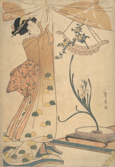 En kvinna som binder upp en gardin, ett blomsterarrangemang av krysantemum i en båtformad Ha..., ca. 1805. av Utagawa Toyohiro