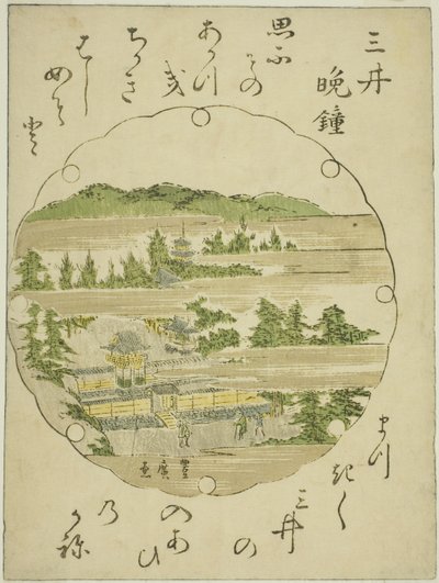 Evening Bell at Mii Temple (Mii no bansho), från en titellös serie av Eight Views of Omi av Utagawa Toyohiro