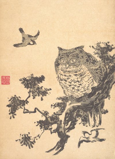 Uggla och två svalor. av Utagawa Toyohiro