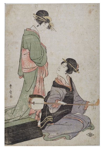 Två Bijin, en med Samisen, Edo-perioden av Utagawa Toyohiro