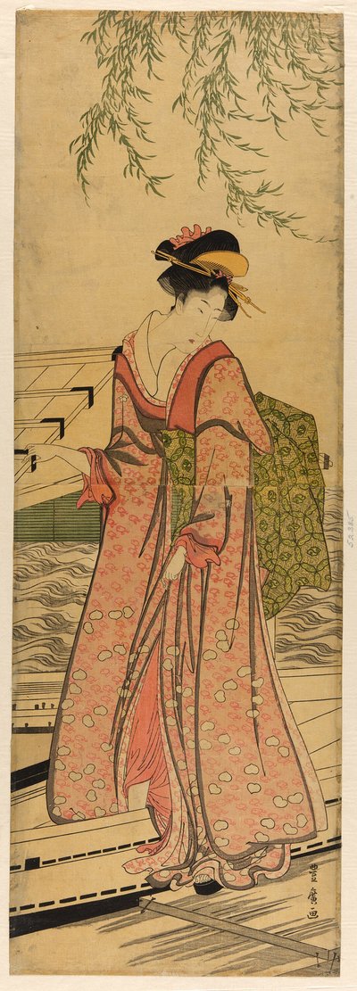 Ung kvinna kliver ur en båt av Utagawa Toyohiro