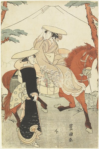 (Två kvinnor, en går, en till häst), sent 1700-tidigt 1800-tal av Utagawa Toyokuni