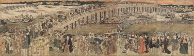 Svalkar av vid Ryōgoku-bron i Edo, en Pentaptyk av Utagawa Toyokuni