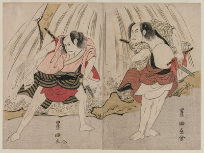 Kataoka Nizaemon VII och Ichikawa Yaozo III i en konfrontation vid ett vattenfall av Utagawa Toyokuni