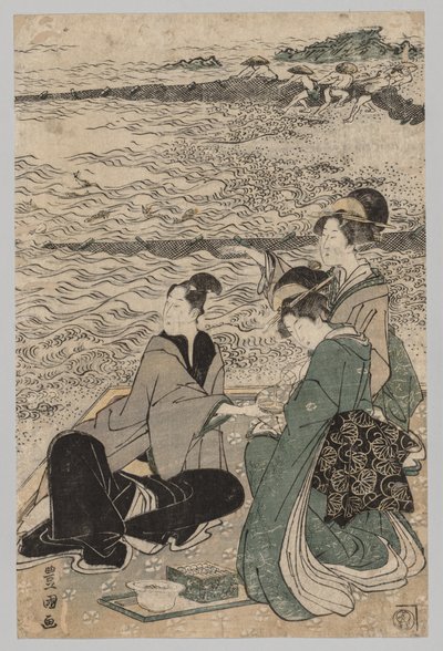 Man och två kvinnor vid havet, 1769-1825. av Utagawa Toyokuni