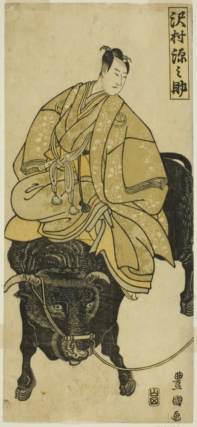 Skådespelare Sawamura Gennosuke rider på oxe som Sugawara no Michizane av Utagawa Toyokuni I