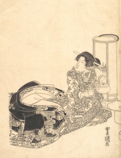 Kurtisan eller skådespelare som kurtisan som häller te i ljuset av en lykta. av Utagawa Toyokuni I