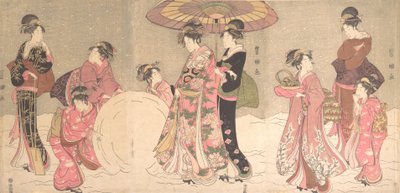 Kurtisaner och skötare gör en jättesnöboll, ca. 1796. av Utagawa Toyokuni I