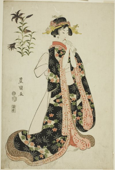 Liljor: ung kvinna som håller ett brev, från en namnlös serie av skönheter och blommor av Utagawa Toyokuni I