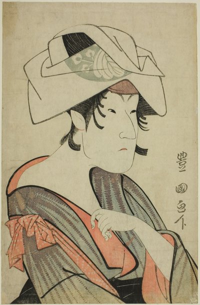 Nakayama Tomisaburo. Klädd som en kvinna som bär en handduk på huvudet av Utagawa Toyokuni I