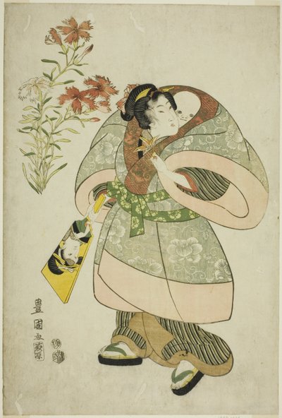 Pinks: sjuksköterska och baby, från en obenämnt serie av skönheter och blommor av Utagawa Toyokuni I