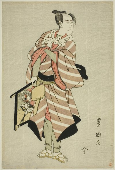 Skådespelaren Sawamura Sojuro III som packhästmannen Muchizo i pjäsen "Miyamairi Musubi no Kamigaki", uppträdde på Kiri Theatre i den elfte månaden, 1797 av Utagawa Toyokuni I