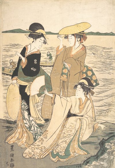 Tre unga damer vid havet. av Utagawa Toyokuni I