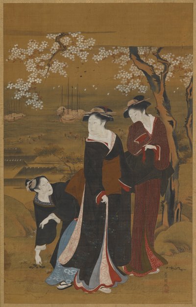 Tre kvinnor under ett blommande körsbärsträd vid havet, 1769-1825. av Utagawa Toyokuni I
