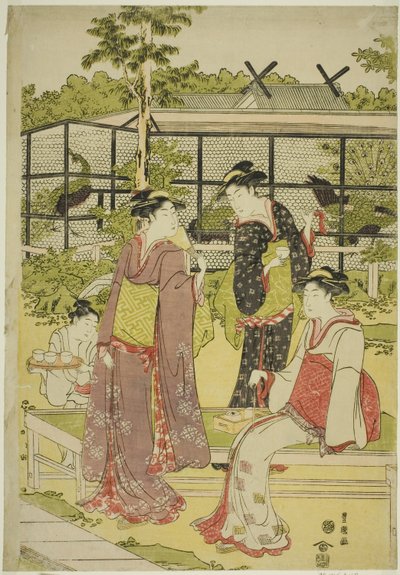 Kvinnor som besöker fågel- och blomtehuset (Kachojaya) av Utagawa Toyokuni I