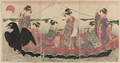 Kvinnor på en båt vid nyår som imiterar de sju lyckans gudar av Utagawa Toyokuni I