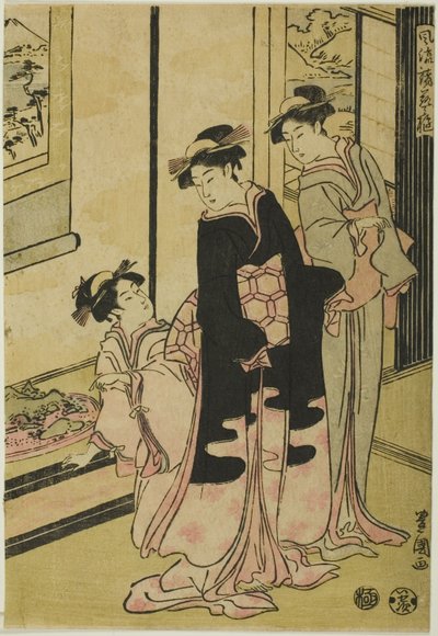 Kvinnor som tittar på miniatyrlandskap, från serien "Furyu moro hanami uwari" av Utagawa Toyokuni I