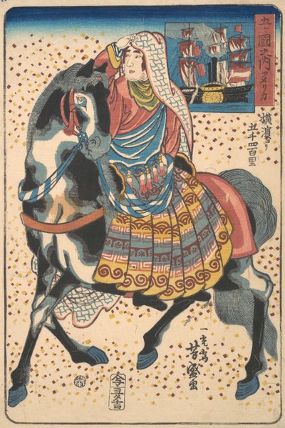 Mounted American Woman, 12:e månaden, 1860. av Utagawa Yoshimori