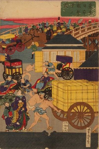 F ぉ Säljer ny g Nihonbashi set c Marktemperatur f och stanna. Toi Nihonbashi version Engelsk figur T teori ptych av Utagawa Yoshitora