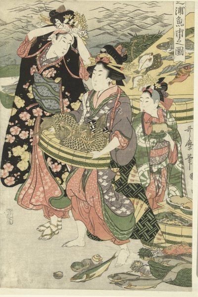 Utsikt över fiskmarknaden på stranden i Shiba [Shiba] no ura uoichi no zu (titel på objekt) av Utamaro (II) , Kitagawa