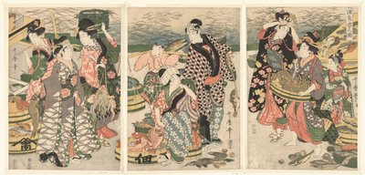 Utsikt över fiskmarknaden på stranden i Shiba [Shiba] no ura uoichi no zu (titel på objekt) av Utamaro (II) , Kitagawa
