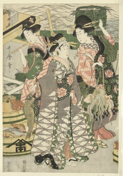 Utsikt över fiskmarknaden på stranden i Shiba [Shiba] no ura uoichi no zu av Utamaro (II) , Kitagawa