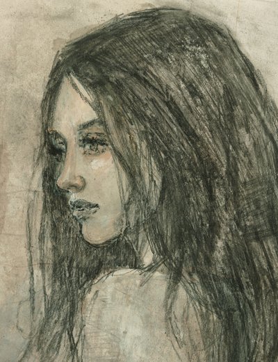 En fundersam kvinna i profil av Ute Rathmann