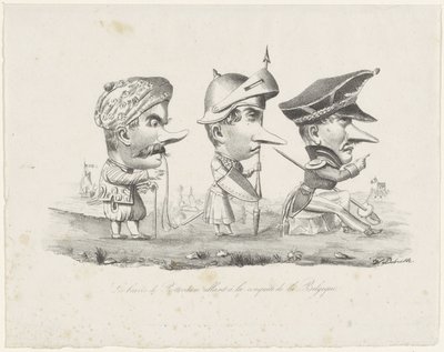 Tecknad film av Rotterdammilisen, 1830 Les braves de Rotterdam allant à la conquête de la Belgique (titel på objekt) av V. Dubrulle