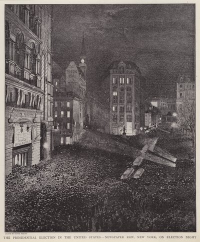 Newspaper Row, New York City, natten till det amerikanska presidentvalet, 8 november 1892 (litho) av V. Perard