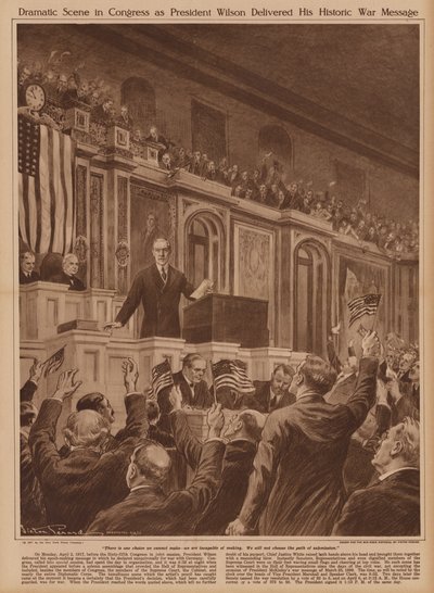 USA:s president Woodrow Wilson ber kongressen att förklara krig mot Tyskland av V. Perard
