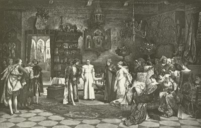 Petrarca och Laura presenterade av kejsaren i Avignon (gravyr) av Vaclav Brozik