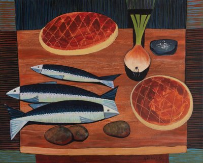 Stilllife With Bread and Fish, 2020 (akryl på duk) av Vadym Vaskovsky