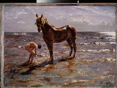 Hästens bad. (Ung naken man plaskar en häst, två andra figurer springer ut till havet). Målning av Valentin Alexandrovich Serov (1865-1911), olja på duk av Valentin Aleksandrovich Serov