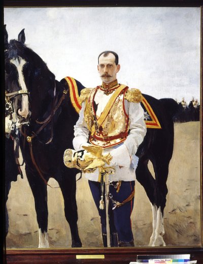 Porträtt av storhertig Paul Alexandrovich av Ryssland (1860-1919). (Porträtt av storhertigen Paul Alexandrovich av Ryssland). I uniformen av en officer av kavalleriet i den kejserliga ryska armén, nära sin häst. Målning av Valentin Alexandrovich Serov ( av Valentin Aleksandrovich Serov