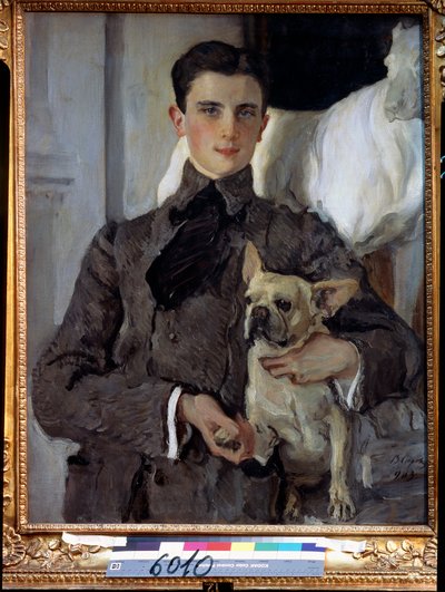 Porträtt av prins Felix Youssoupoff, greve Soumarokov Elston (1887-1967), med en hund. (Porträtt av prins Felix Yusupov, greve Sumarokov Elston, med en hund). Målning av Valentin Alexandrovich Serov (1865-1911), olja på duk av Valentin Aleksandrovich Serov